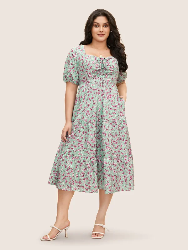 Plus size dresses with long sleeves cover comfortably -Ditsy Floral Ruffle Tiered Pocket Ruched Puff Sleeve Drawstring Dress