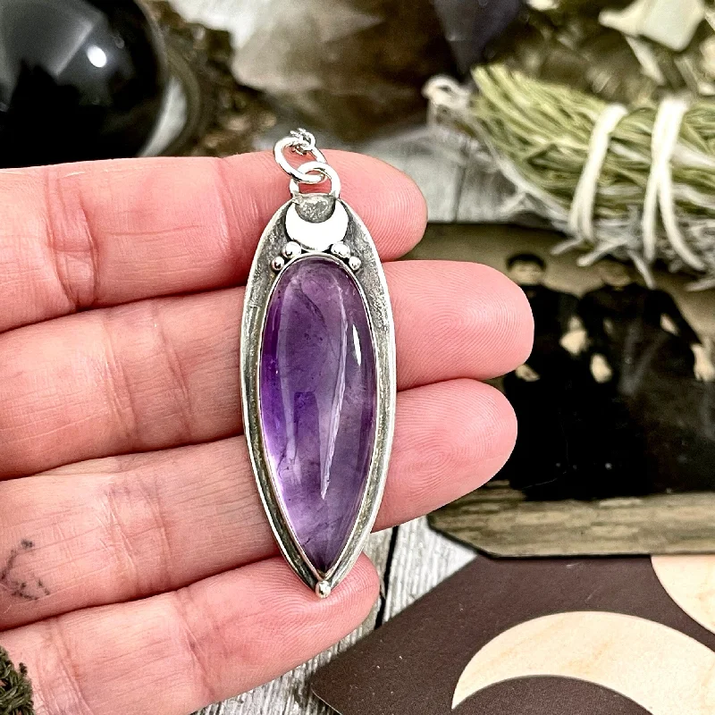 Stunning necklaces and pendants with amethyst gemstones for a calming effect-Magic Moon Amethyst Crystal Statement Necklace in Sterling Silver-  -Designed by FOXLARK Collection