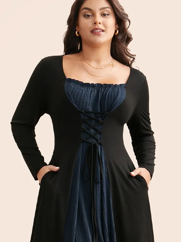 Comfortable plus size dresses for daily wear feel great -Square Neck Textured Patchwork Crisscross Dress