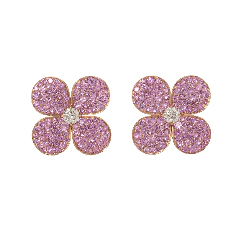 Drop Earrings with Knot Designs -Diamond & Pink Sapphire Pavé 18K Rose Gold Flower Earrings