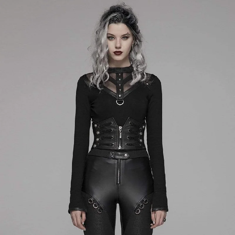 Polyester T-Shirts for Durable Wear -Women's Goth Front Zipper Faux Leather Underbust Corsets