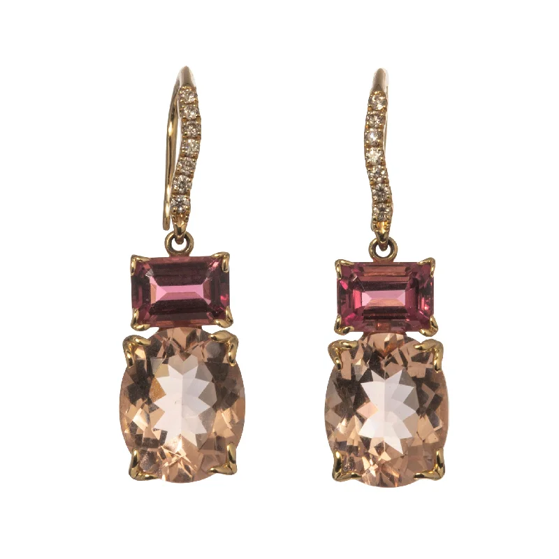 Gold Drop Earrings for Women -Morganite & Pink Tourmaline 14K Gold River Earrings