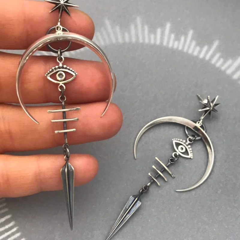 Heavy Duty Drop Earrings for Durability -Wholesale Gothic Demon Eye Punk Accessories Antique Silver Moon Metal Long Earrings