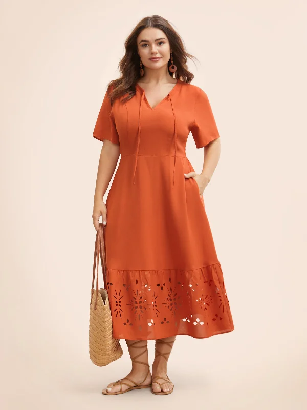 Plus size dresses for special occasions dazzle effortlessly -Solid Laser Cut Tie Knot Dress