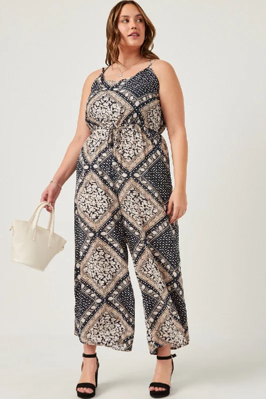 Plus size dresses with fit-and-flare shapes flatter -Bandana Print Wide Leg Cross Back Jumpsuit