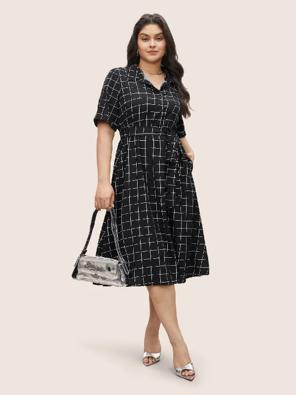 Plus size dresses with simple cuts stay timeless -Plaid Belted Shirt Collar Cuffed Sleeve Dress