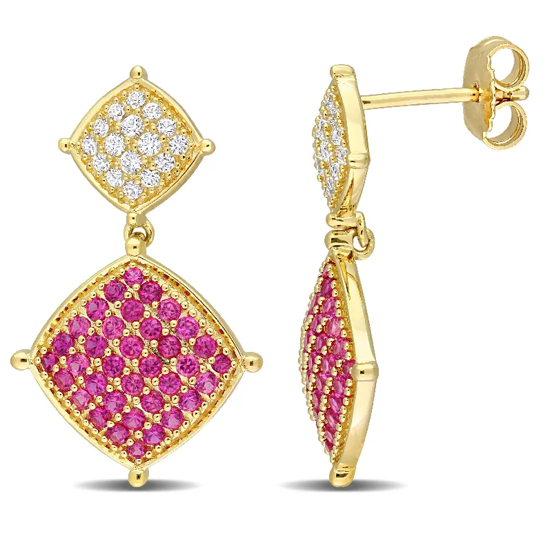 Drop Earrings for Anniversary -Miadora Created White Sapphire and Ruby Geometrical Earrings in Yellow Gold Plated Sterling Silver