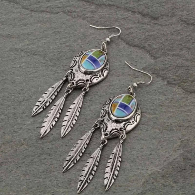 Detachable Drop Earrings with Charms -Wholesale Retro Style Feather Alloy Drip Glue Long Bohemian Ladies Fashion Earrings