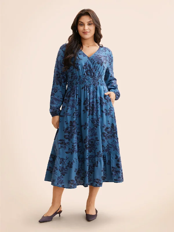 Plus size dresses with tough fabrics age well -Floral Wrap Lantern Sleeve Pocket Shirred Ruffle Hem Dress