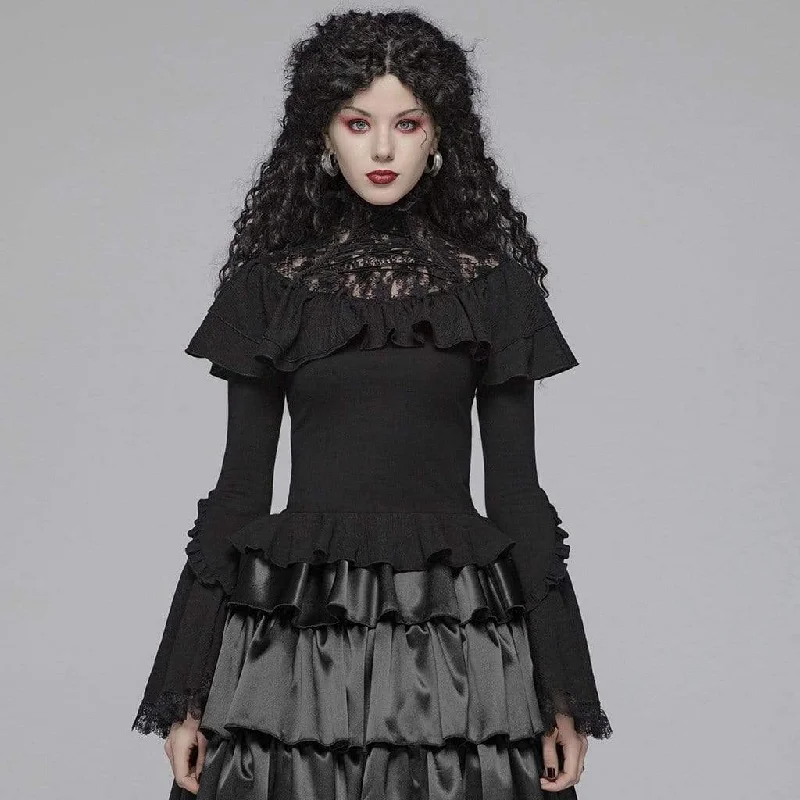 School T-Shirts for Uniform -Women's Goth Lace Flare Sleeved Ruffles Tops