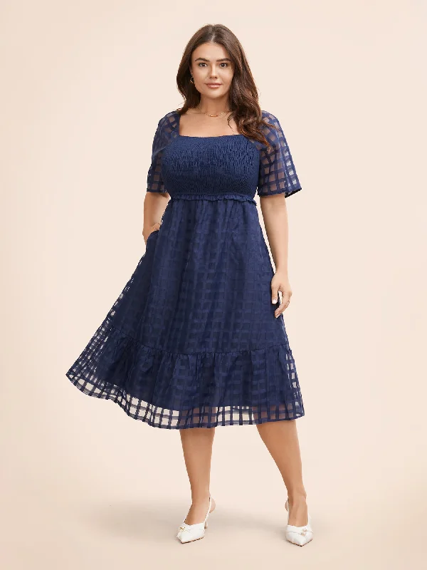 Plus size dresses for work stay professional always -Gingham Texture Shirred Frill Trim Dress