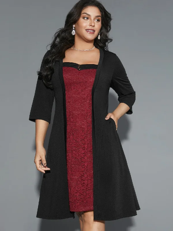 Plus size dresses with soft cotton feel comfy -Lace Heart Neckline Pocket Midi Dress