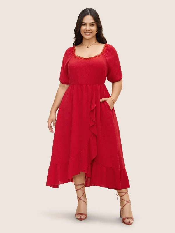 Plus size dresses featuring vibrant colors lift moods -Lace Panel Ruffle Trim Wrap Hem Dress