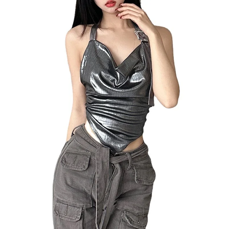 Animal Print T-Shirts for Fun Look -Women's Punk Ruched Glistening Halterneck Bustier