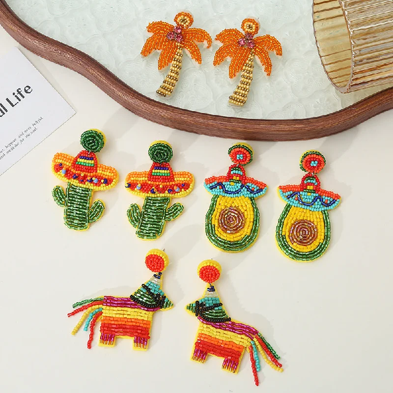 Screw Back Drop Earrings for Security -Wholesale rice bead cactus earrings plant series hand-woven creative rice earrings