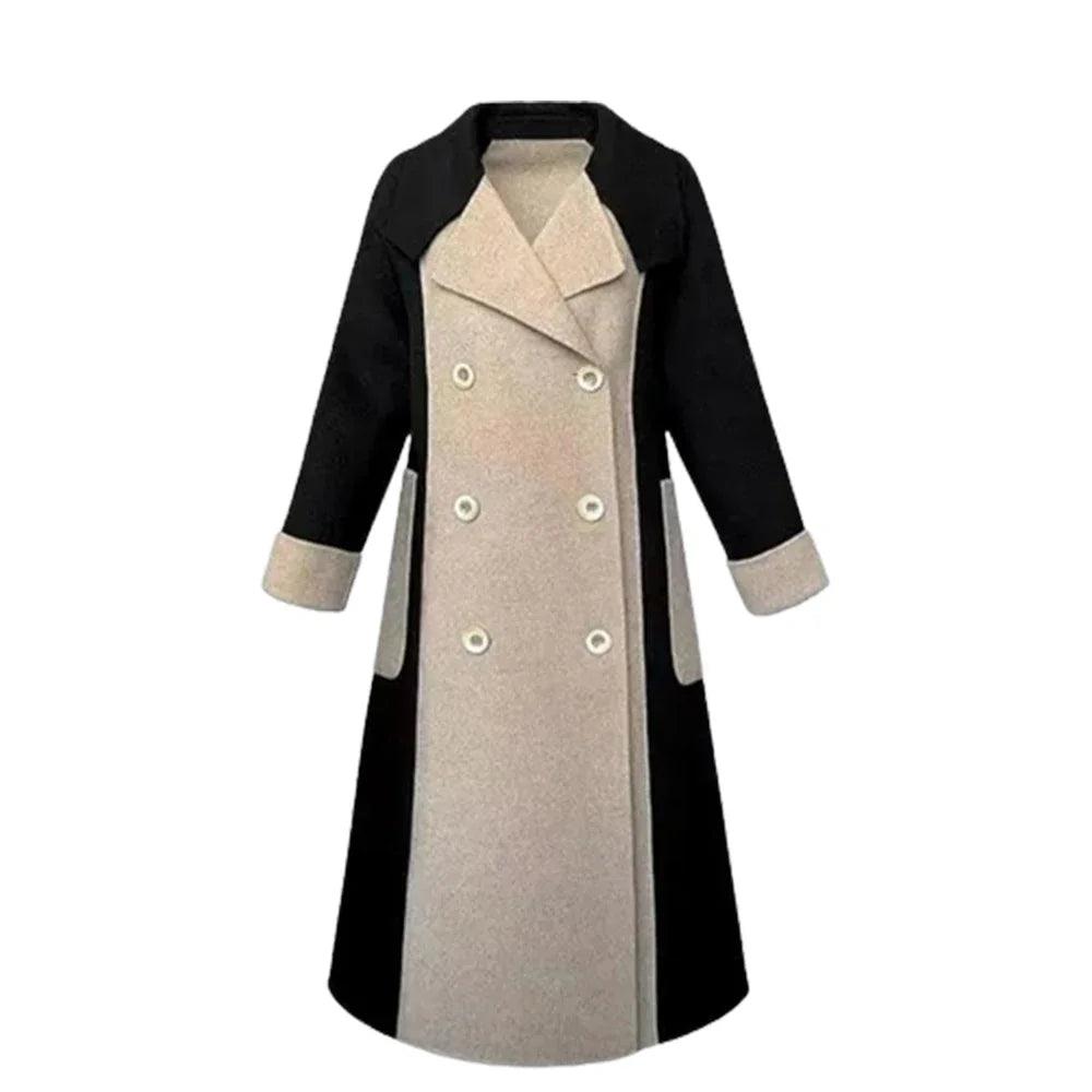 Blue T-Shirts for Classic Appeal -Chic Women's Woolen Patchwork Trench Overcoat