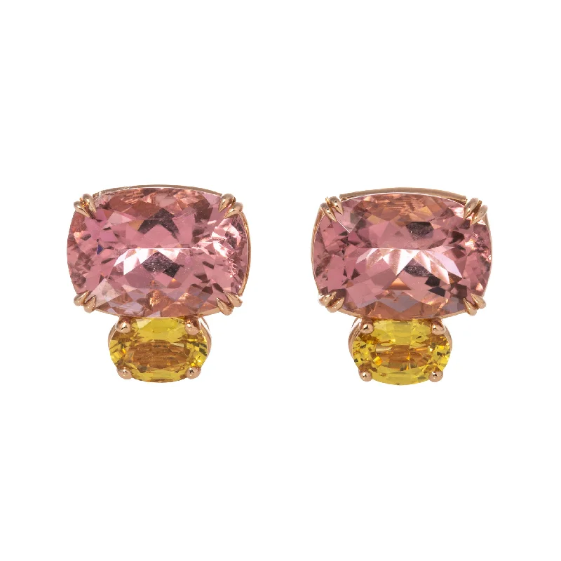 Drop Earrings with Vine Designs -Pink Tourmaline & Yellow Sapphire 18K Rose Gold Earrings