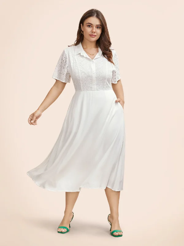 Plus size dresses with strong stitching last years -Shirt Collar Broderie Anglaise Midi Dress