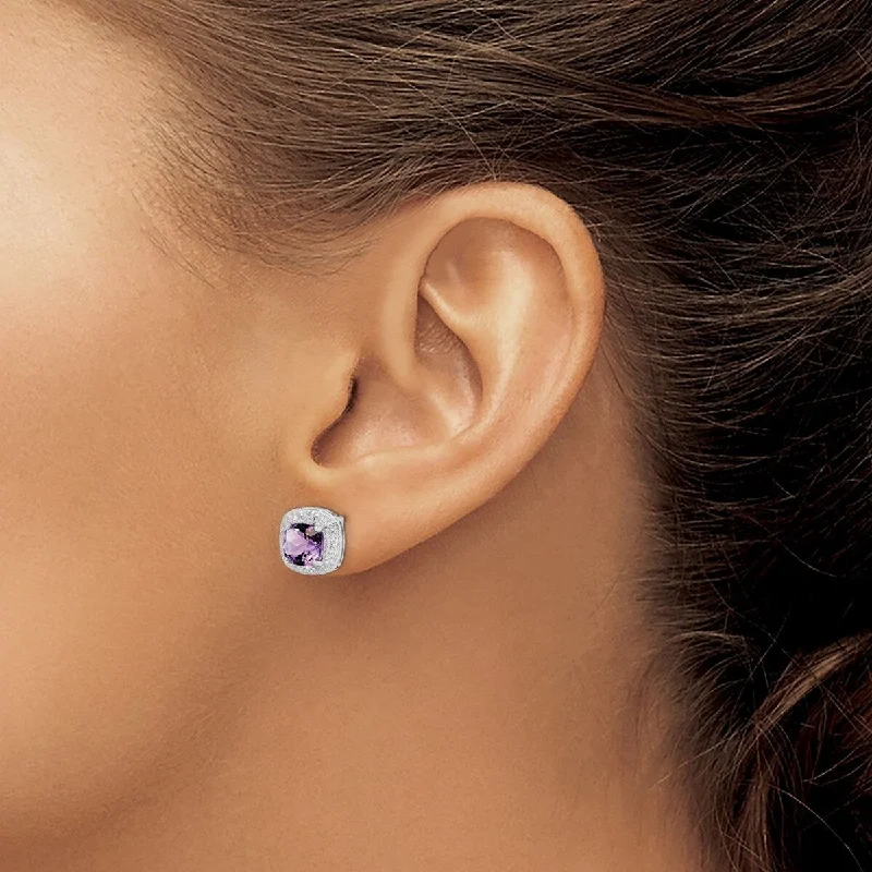 Drop Earrings with Vine Designs -Curata 925 Sterling Silver 9mm Rhodium Amethyst and Diamond Post Earrings