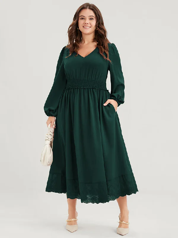 Plus size dresses featuring quilted textures add depth -Solid Pocket Lantern Sleeve Patchwork Ruffled Shirred Dress