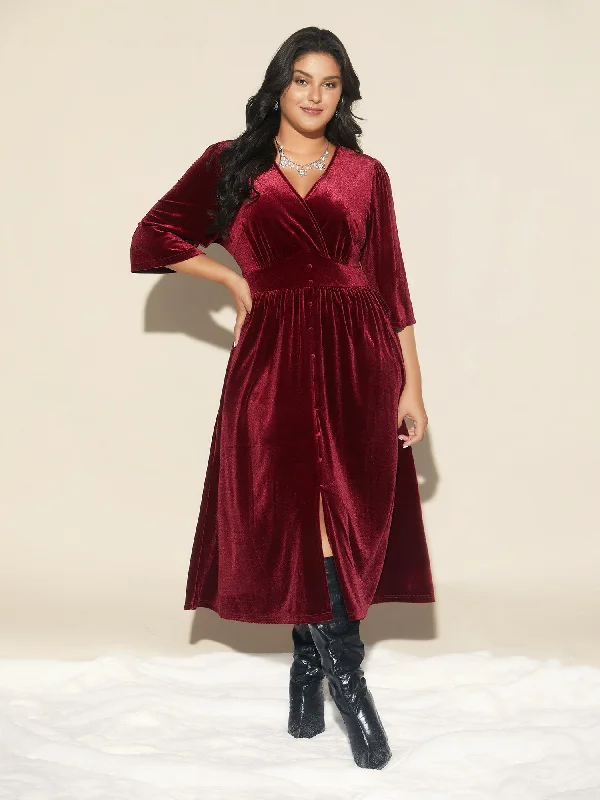 Plus size dresses for summer keep you cool -Velvet Ruched Surplice Neckline Midi Dress