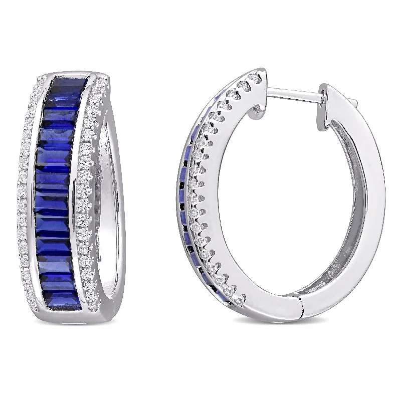 Drop Earrings for Travel Look -Miadora Sterling Silver Baguette and round-cut Created Blue & White Sapphire Halo Hoop Earrings - 23.5mm x 7.2mm x 20mm