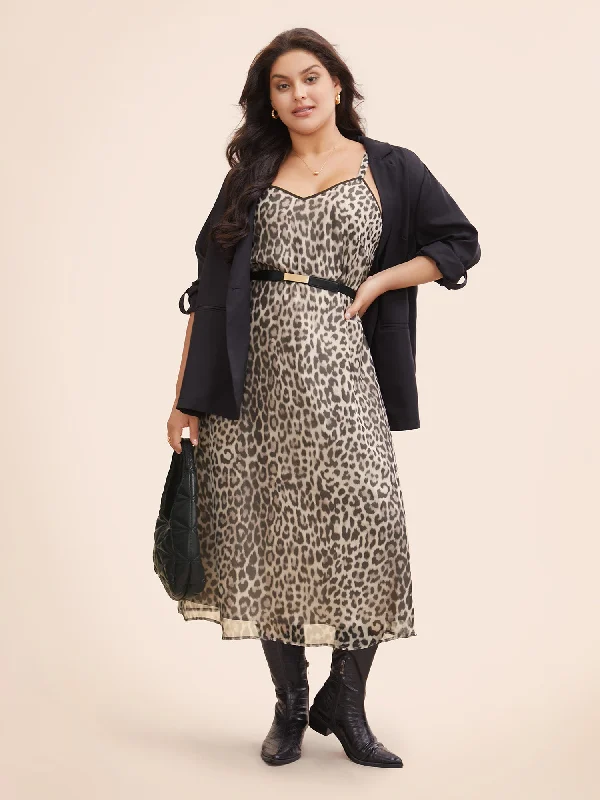 Plus size dresses with durable weaves endure wear -Leopard Print Mesh Cami Dress