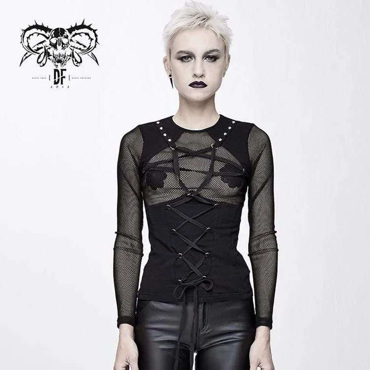 TV Show T-Shirts for Series Fans -Women's Goth Pentagram Lacing Sheer Mesh Tops