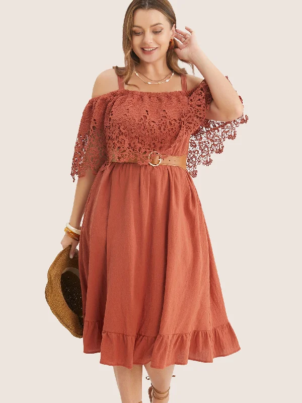 Plus size dresses featuring striped patterns are fresh -Solid Cold Shoulder Contrast Lace Pocket Ruffle Hem Dress