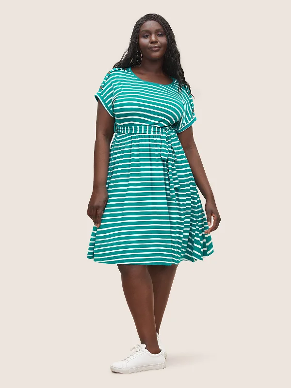 Plus size dresses featuring mesh overlays feel chic -Supersoft Essentials Striped Dolman Sleeve Belted Dress