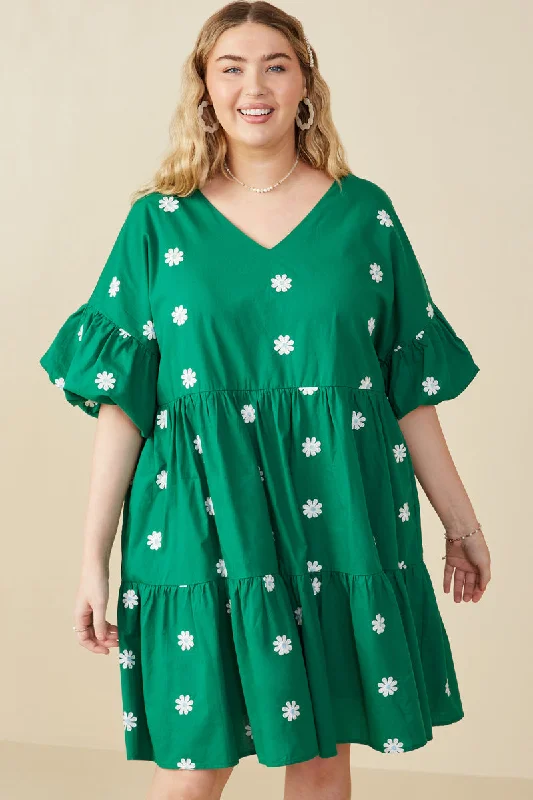 Plus size dresses with fit-and-flare shapes flatter -Floral Embroidered Puff Sleeve Dress