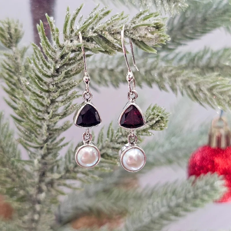 Long Drop Earrings for Dramatic -Sterling Silver Garnet and Pearl Drop Earrings