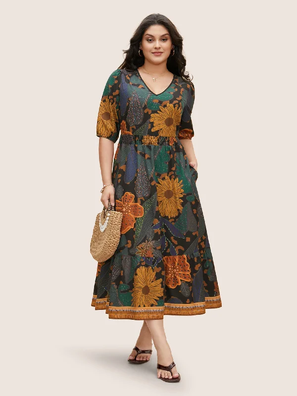 Plus size dresses with supportive linings feel great -Floral Shirred Lantern Sleeve Midi Dress