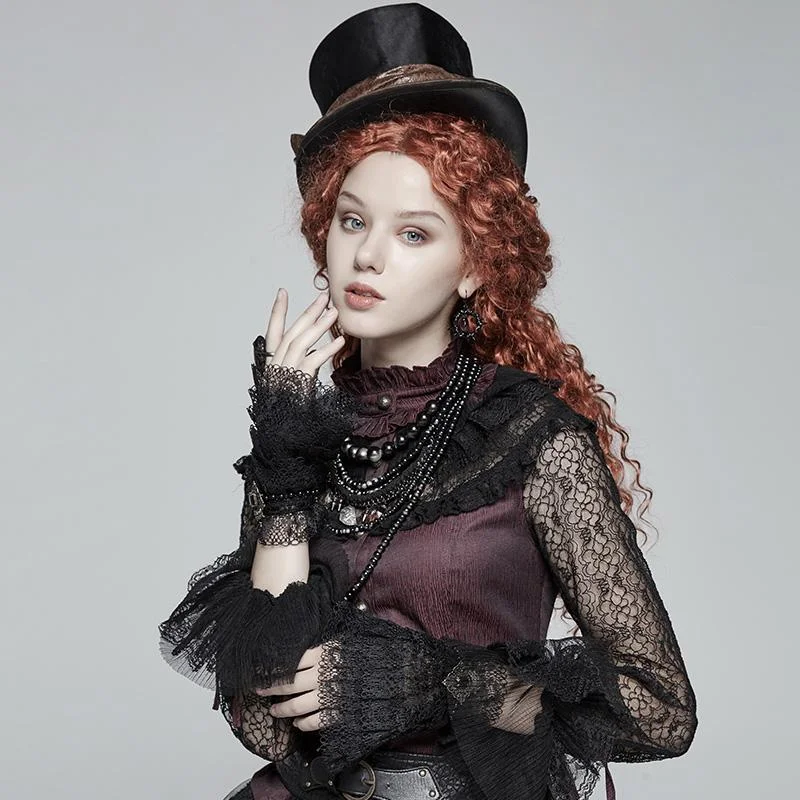 Long Sleeve T-Shirts for Extra Coverage -Women's Goth Vintage Handmade Lace Gloves