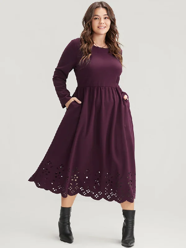 Plus size dresses featuring quilted textures add depth -Solid Round Neck Laser Cut Pocket Midi Dress