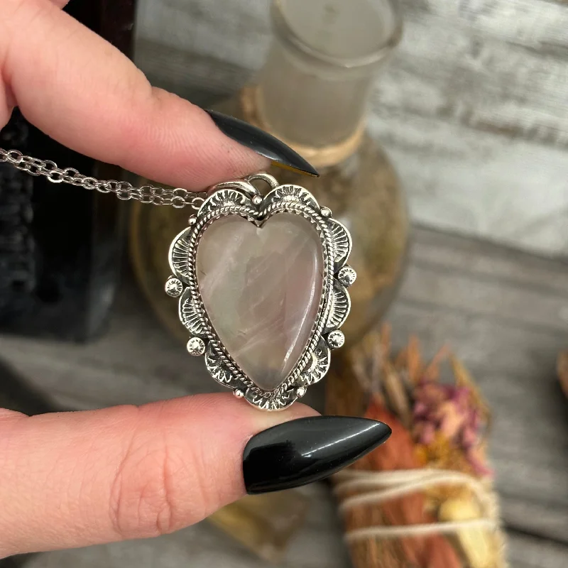 Stunning necklaces and pendants with amethyst gemstones for a calming effect-Rose Quartz Crystal Heart Necklace in Sterling Silver  -Designed by FOXLARK Collection