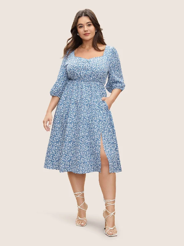 Plus size dresses featuring polka dots feel playful -Ditsy Floral Print Square Neck Split Hem Dress