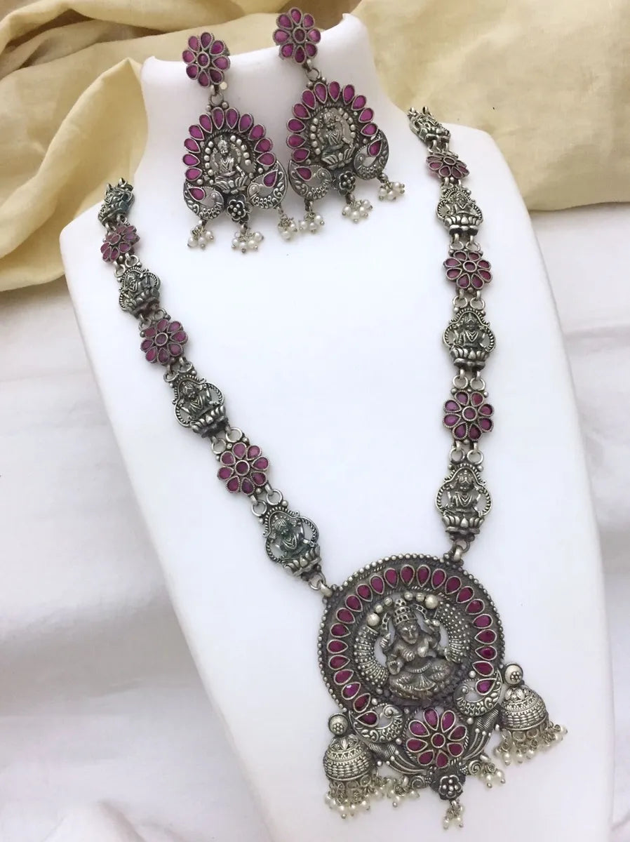 Best necklaces and pendants with glowing moonstone for an ethereal glow-Indian Traditional Goddess Lakshmi And Peacock Pendant Oxidized Long Chain Set Made With Brass And Copper