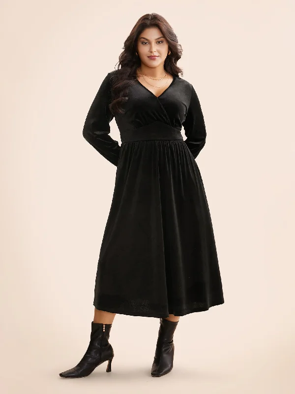 Plus size dresses with sleek silhouettes look sharp -Velvet Overlap Collar Shirred Gathered Dress