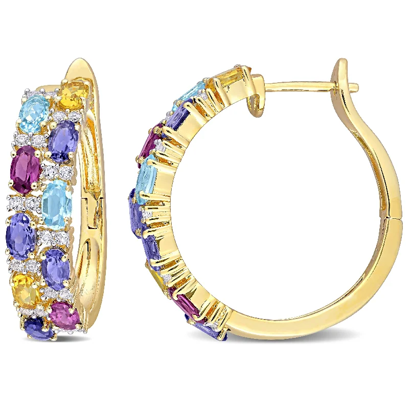 Drop Earrings with Leaf Motifs -Miadora Yellow Plated Silver Oval-cut Rhodolite, Iolite, Citrine & Topaz Multi-row Hoop Earrings - 28.4mm x 7mm x 28.2mm