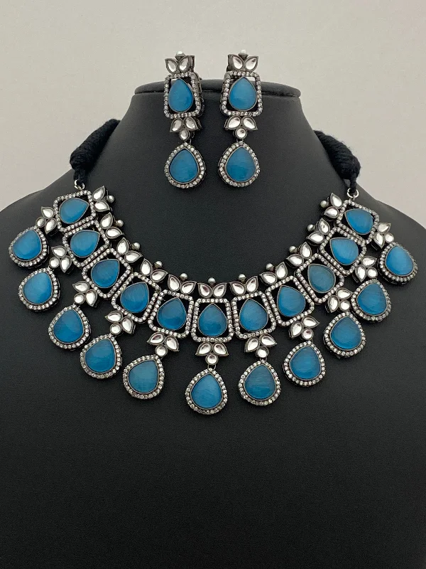 Stylish necklaces and pendants with diamonds for a glamorous and elegant look-Beautiful Oxidized Sky Blue Color Kundan Necklace With Earrings