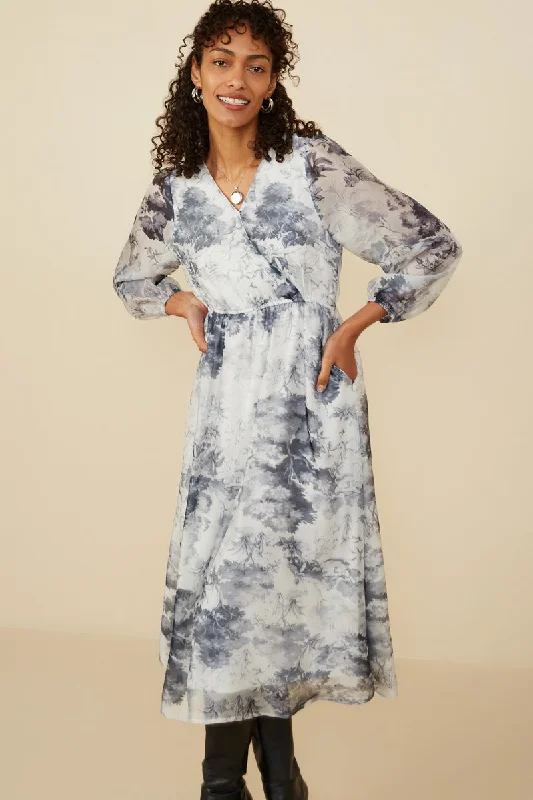 Plus size dresses for outdoor parties stay fun -Monochrome Forest Print Satin Dress