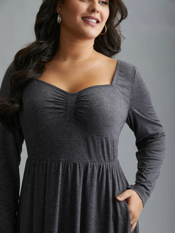 Plus size dresses with adjustable straps fit well -Heart Neckline Knit Gathered Midi Dress