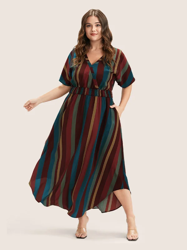 Plus size dresses with simple cuts stay timeless -Striped Dolman Sleeve  Pocket Shirred Flutter Wrap Dress