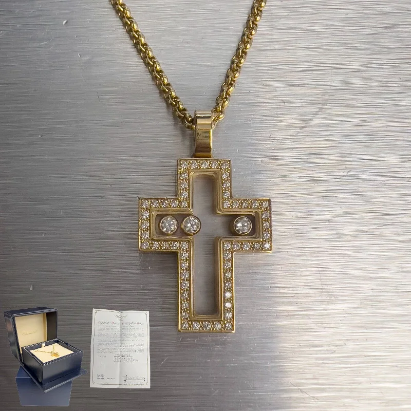 Necklaces and pendants with ocean-inspired designs for a refreshing, beachy feel-Chopard Happy Floating 3 Diamond Cross 750 18k Yellow Gold Necklace 24" 20.8g