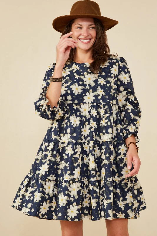 Plus size dresses with flowing skirts move freely -Floral Print Tiered Cinch Sleeve Dress