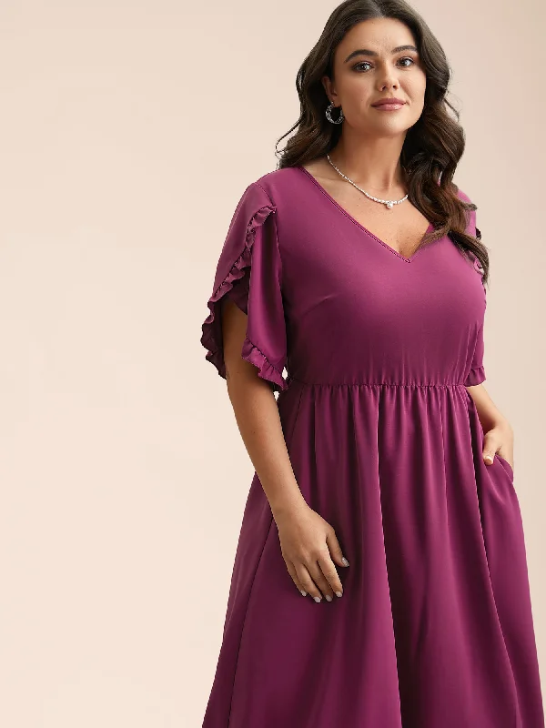 Plus size dresses for power dressing empower daily -Petal Sleeve Ruffled Waist-Cinched Midi Dress