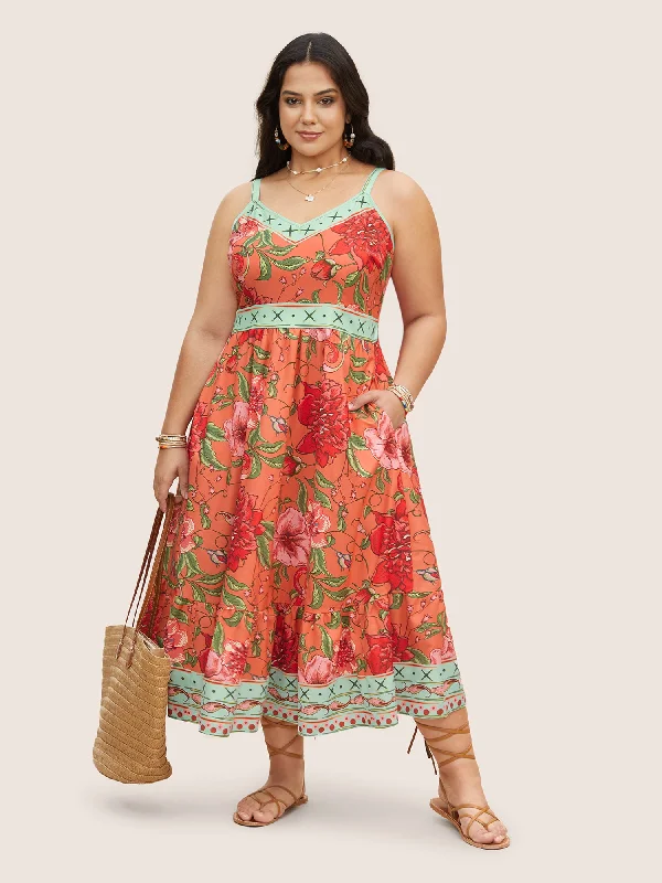 Plus size dresses with vibrant shades feel fun -Floral Print Elastic Waist Shirred Cami Dress