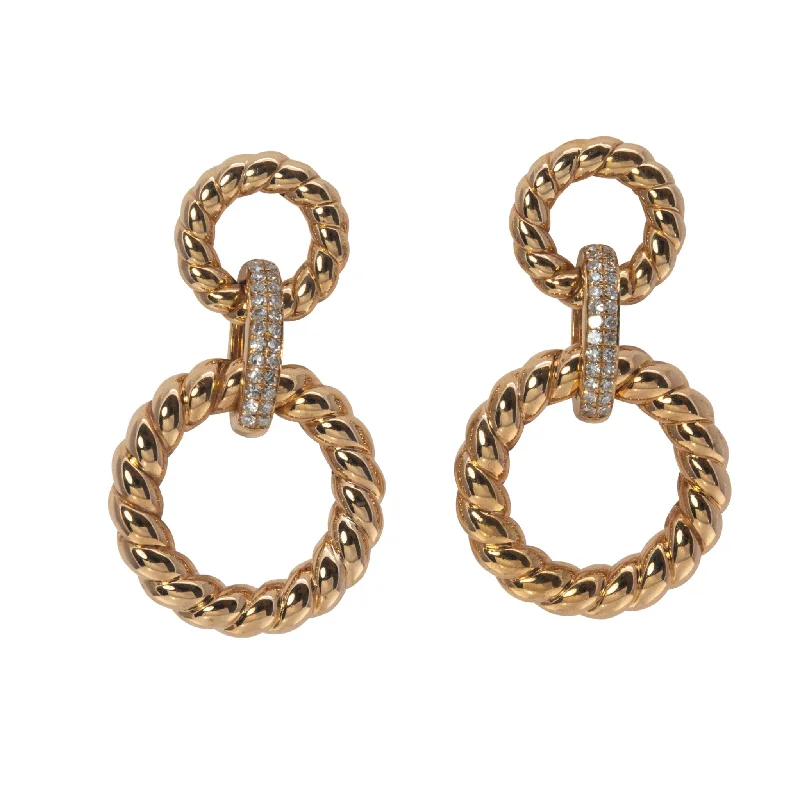 Drop Earrings for Formal Attire -Diamond 14K Gold Rope Circle Link Double Drop Earrings