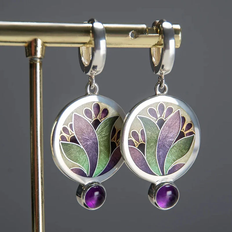 Animal Print Drop Earrings for Fun -Wholesale Creative Flower Inlaid Purple Diamond Luxury Antique Silver Round Swing Earrings